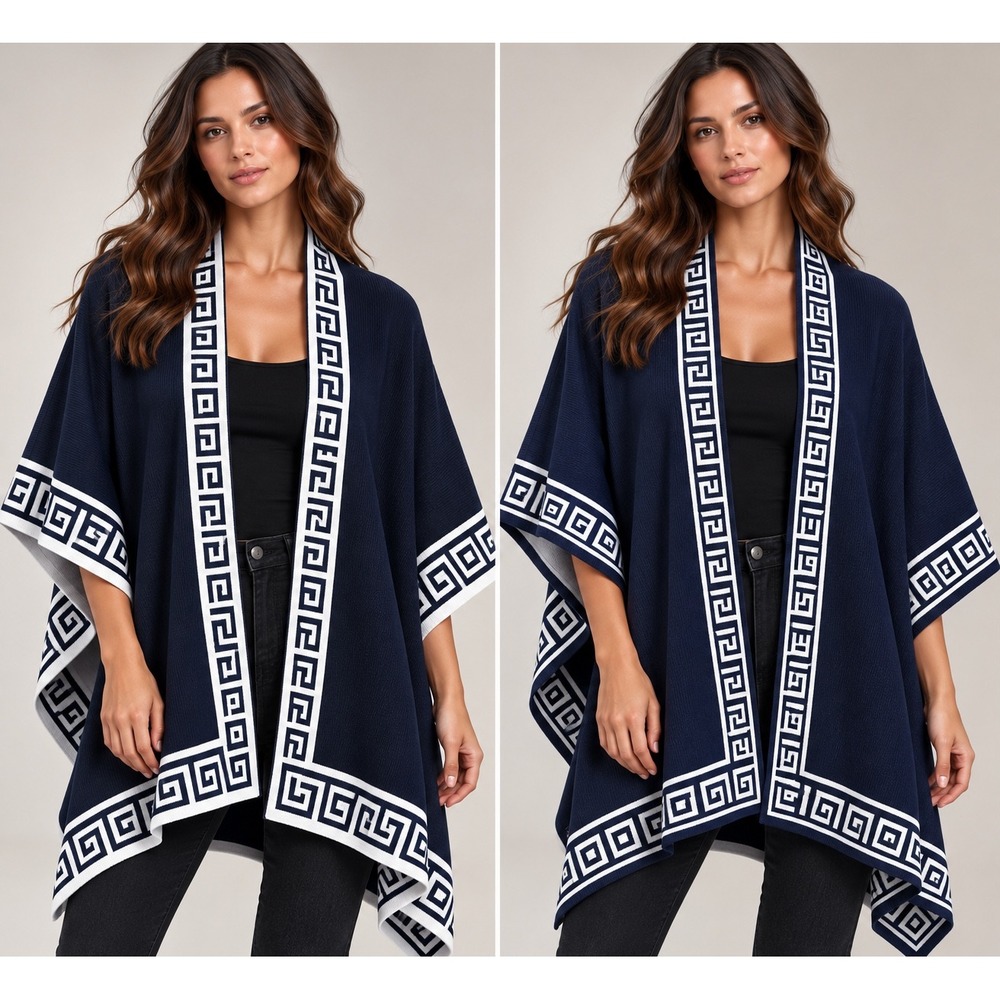 Peruvian Alpaca Blend Ruana Wrap Navy Greek Key Preppy Shawl Cape Reversible Lux